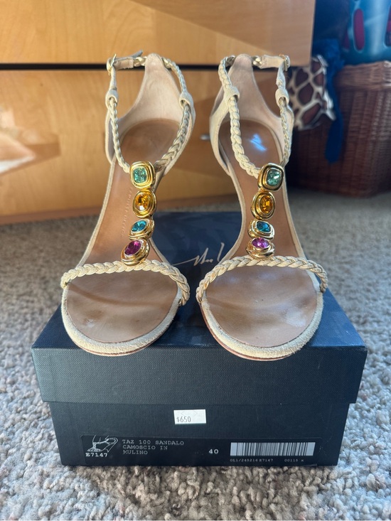 Giuseppe Zanotti Shoes - Giuseppe Zanotti Beige Braided T-Strap Heels with Multicolor Gem Accents